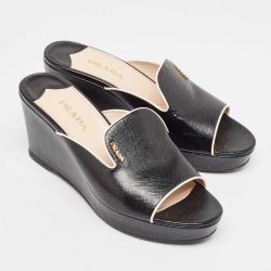Prada Black Leather Wedge Slide Sandals Size 40