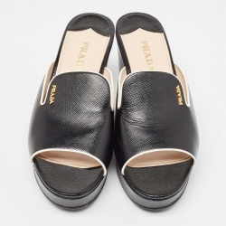 Prada Black Leather Wedge Slide Sandals Size 40