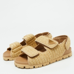 Pre Owned Prada Beige Raffia Logo-Plaque Velcro Slingback Sandals Size 37