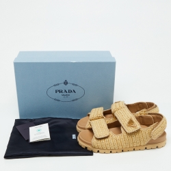 Pre Owned Prada Beige Raffia Logo-Plaque Velcro Slingback Sandals Size 37