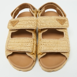 Pre Owned Prada Beige Raffia Logo-Plaque Velcro Slingback Sandals Size 37