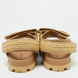 Pre Owned Prada Beige Raffia Logo-Plaque Velcro Slingback Sandals Size 37