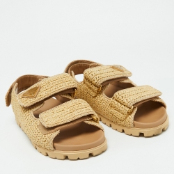 Pre Owned Prada Beige Raffia Logo-Plaque Velcro Slingback Sandals Size 37