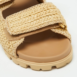 Pre Owned Prada Beige Raffia Logo-Plaque Velcro Slingback Sandals Size 37