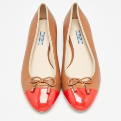 Prada Brown/Red Leather and Patent Cap Toe Bow Ballet Flats Size 42