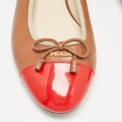 Prada Brown/Red Leather and Patent Cap Toe Bow Ballet Flats Size 42