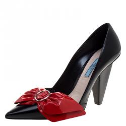 Pre Owned Prada Black Leather and Red Patent Bow Detail Pointed Toe Pumps Size 38.5