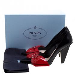 Pre Owned Prada Black Leather and Red Patent Bow Detail Pointed Toe Pumps Size 38.5