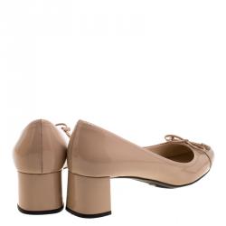 Pre Owned Prada Beige Patent Leather Bow Block Heel Pumps Size 37.5