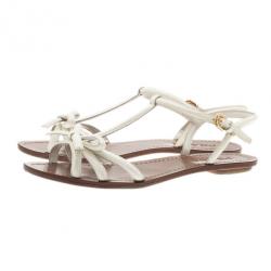مملوكة مسبقًا Prada White Patent Leather Bow Detail Flat Sandals Size 38