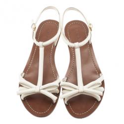 مملوكة مسبقًا Prada White Patent Leather Bow Detail Flat Sandals Size 38