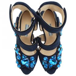 Pre Owned Prada Blue Crystal Embellished Suede Ankle Strap Sandals Size 37
