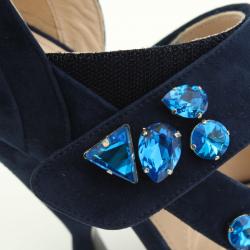 Pre Owned Prada Blue Crystal Embellished Suede Ankle Strap Sandals Size 37