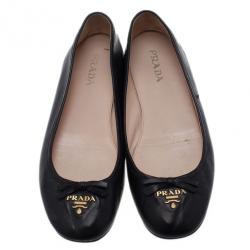 Pre Owned Prada Black Leather Logo Ballet Flats Size 39