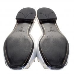 Pre Owned Prada Silver Metallic Leather Bow Jeweled Heel Flat Slides Size 38