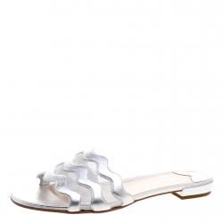 Pre Owned Prada Silver Metallic Wavy Leather and Mesh Flat Slides Size 38