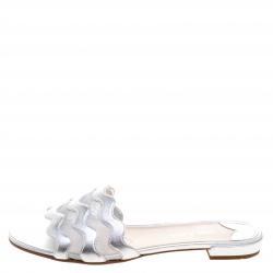 Pre Owned Prada Silver Metallic Wavy Leather and Mesh Flat Slides Size 38