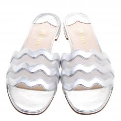 Pre Owned Prada Silver Metallic Wavy Leather and Mesh Flat Slides Size 38