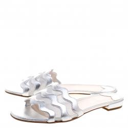 Pre Owned Prada Silver Metallic Wavy Leather and Mesh Flat Slides Size 38