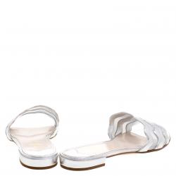 Pre Owned Prada Silver Metallic Wavy Leather and Mesh Flat Slides Size 38