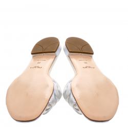 Pre Owned Prada Silver Metallic Wavy Leather and Mesh Flat Slides Size 38