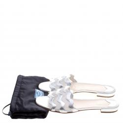 Pre Owned Prada Silver Metallic Wavy Leather and Mesh Flat Slides Size 38