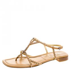 Pre Owned Prada Beige Studded Leather Flat Sandals Size 39.5