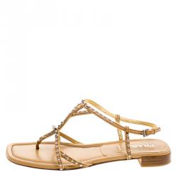 Pre Owned Prada Beige Studded Leather Flat Sandals Size 39.5