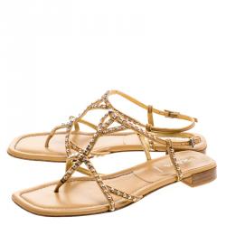 Pre Owned Prada Beige Studded Leather Flat Sandals Size 39.5