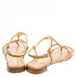 Pre Owned Prada Beige Studded Leather Flat Sandals Size 39.5