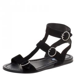Prada Black Suede Ankle Wrap T Strap Flat Sandals Size 38.5