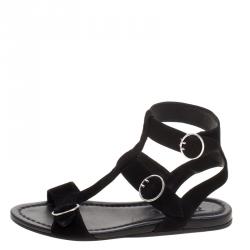 Prada Black Suede Ankle Wrap T Strap Flat Sandals Size 38.5