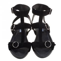 Prada Black Suede Ankle Wrap T Strap Flat Sandals Size 38.5