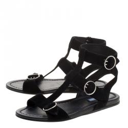 Prada Black Suede Ankle Wrap T Strap Flat Sandals Size 38.5