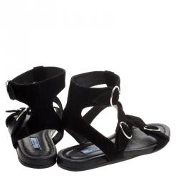 Prada Black Suede Ankle Wrap T Strap Flat Sandals Size 38.5