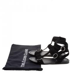 Prada Black Suede Ankle Wrap T Strap Flat Sandals Size 38.5