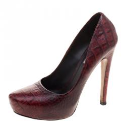 Pre Owned Prada Brick Red Croc Embossed Leather Pumps Size 36
