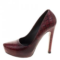 Pre Owned Prada Brick Red Croc Embossed Leather Pumps Size 36