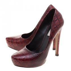 Pre Owned Prada Brick Red Croc Embossed Leather Pumps Size 36