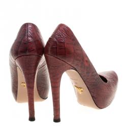 Pre Owned Prada Brick Red Croc Embossed Leather Pumps Size 36