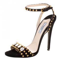 Pre Owned Prada Black Suede Crystal And Stud Embellished Ankle Strap Sandals Size 38.5