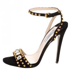 Pre Owned Prada Black Suede Crystal And Stud Embellished Ankle Strap Sandals Size 38.5