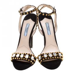 Pre Owned Prada Black Suede Crystal And Stud Embellished Ankle Strap Sandals Size 38.5