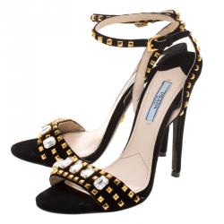 Pre Owned Prada Black Suede Crystal And Stud Embellished Ankle Strap Sandals Size 38.5