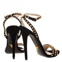 Pre Owned Prada Black Suede Crystal And Stud Embellished Ankle Strap Sandals Size 38.5