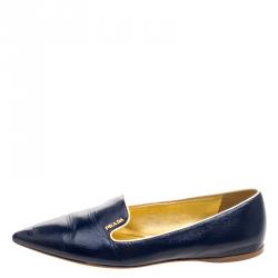 Pre Owned Prada Blue Saffiano Leather Pointed Toe Flat Smoking Slippers Size 38