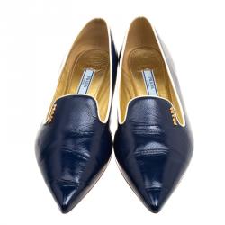 Pre Owned Prada Blue Saffiano Leather Pointed Toe Flat Smoking Slippers Size 38