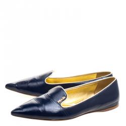 Pre Owned Prada Blue Saffiano Leather Pointed Toe Flat Smoking Slippers Size 38