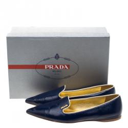 Pre Owned Prada Blue Saffiano Leather Pointed Toe Flat Smoking Slippers Size 38