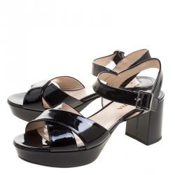 Pre Owned Prada Black Patent Leather Criss Cross Ankle Strap Block Heel Platform Sandals Size 38